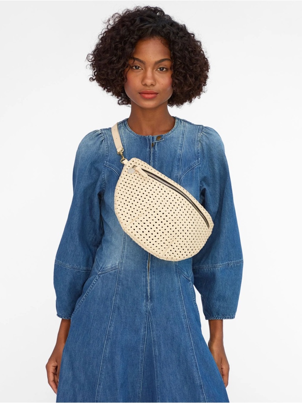 Woven Cream Crossbody/Fanny Bag with Front Zip and Adjustable Strap - Picture 5 of 5